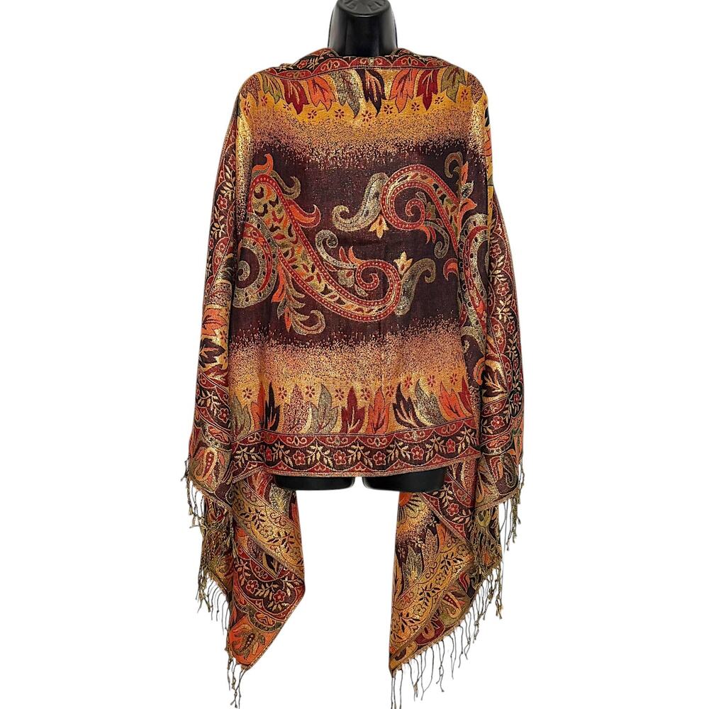 VTG Paisley Pashmina Shawl Scarf Wrap Gold Metallic Fringe Boho 90s Whimsigoth